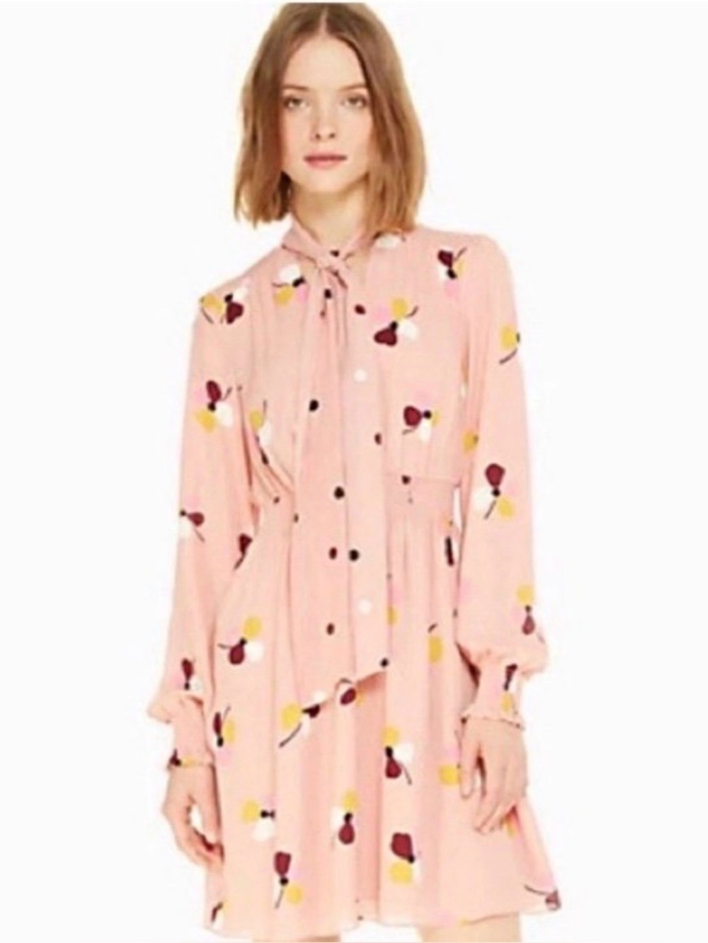 Kate Spade New York Pink Polka Dot Chiffon Smocked Bow Shirt Dress Women’s M